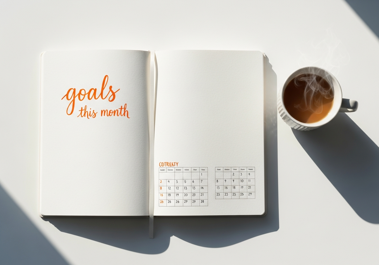 Goals this month planner notebook with coffee